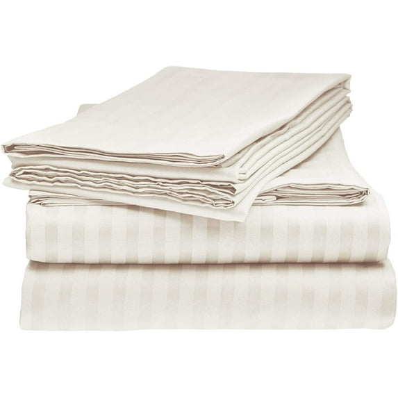 600 Thread Count 4 Piece Quality Sheet Set 18 Inch Deep Pocket 100% Egyptian Cotton Color Ivory Stripe Size Twin