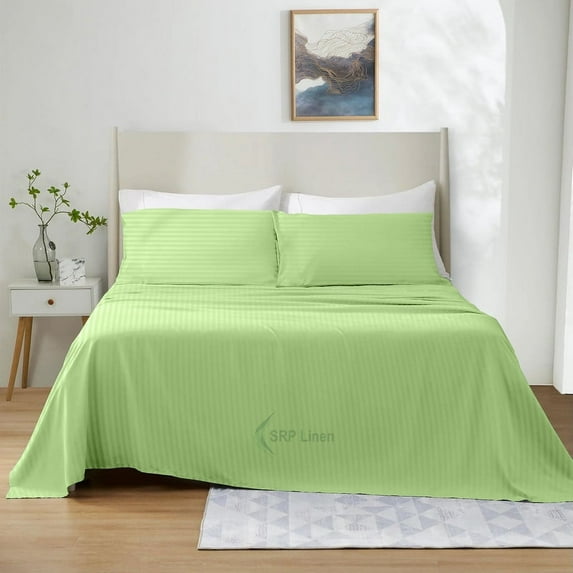 600 Thread Count 4 Piece Quality Sheet Set 18 Inch Deep Pocket 100% Egyptian Cotton Color Sage Stripe Size Twin XL