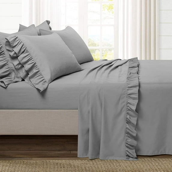 600 Thread Count - 6 Piece Ruffle Sheet Set - 100% Egyptian Cotton - 12" Deep Pocket - Border Ruffle Sheet Set - Dark Gray Solid, Cal King Size.