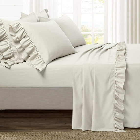 600 Thread Count - 6 Piece Ruffle Sheet Set - 100% Egyptian Cotton - 14" Deep Pocket - Border Ruffle Sheet Set - Ivory Solid, Twin XXL Size.