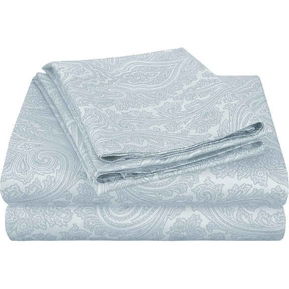 600 Thread Count Cotton Blend Bed Sheet Set, Italian Paisley Design, Includes 1 Fully Elastic Deep Pocket Fitted Sheet, 1 Flat Sheet, 2 Pillowcases, Sateen Weave, King, Blue