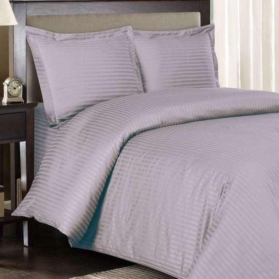 600 Thread Count Duvet Cover Set 100% Cotton Sateen Damask Striped - King/California King - Lilac
