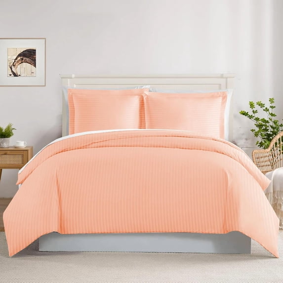 600 Thread Count Egyptian Cotton 3-Piece Duvet Cover Set with Button Closure - OverSize Queen Size ( 98" x 98" ) Inches, Peach Stripe