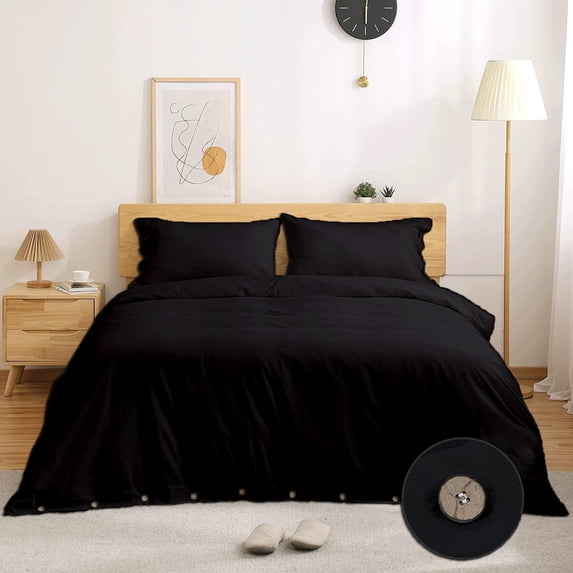 600 Thread Count Egyptian Cotton 3-Piece Duvet Cover Set with Coconut Button Closure - OverSize Queen Size ( 98" x 98" ) Inches, (Black)