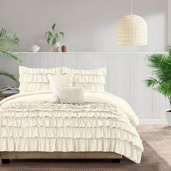 600 Thread Count Egyptian Cotton 3-Piece Waterfall Multi Ruffle Duvet Cover Set with Zipper Closure - OverSize Queen Size ( 98" x 98" ) Inches, (Ivory)