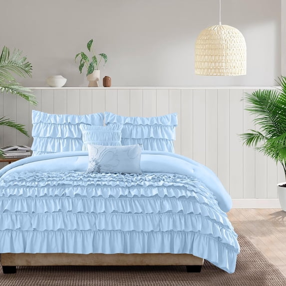 600 Thread Count Egyptian Cotton 3-Piece Waterfall Multi Ruffle Duvet Cover Set with Zipper Closure - Texas King Size ( 106" x 106" ) Inches, (Light Blue)