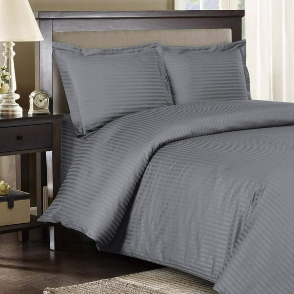 600 Thread Count Egyptian Cotton 5-PCs Duvet Cover Set { Zipper Closure } Full/Queen, Grey Stripe