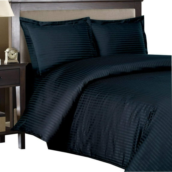 600 Thread Count Egyptian Cotton 5-PCs Duvet Cover Set { Zipper Closure } Full/Queen, Navy Blue Stripe