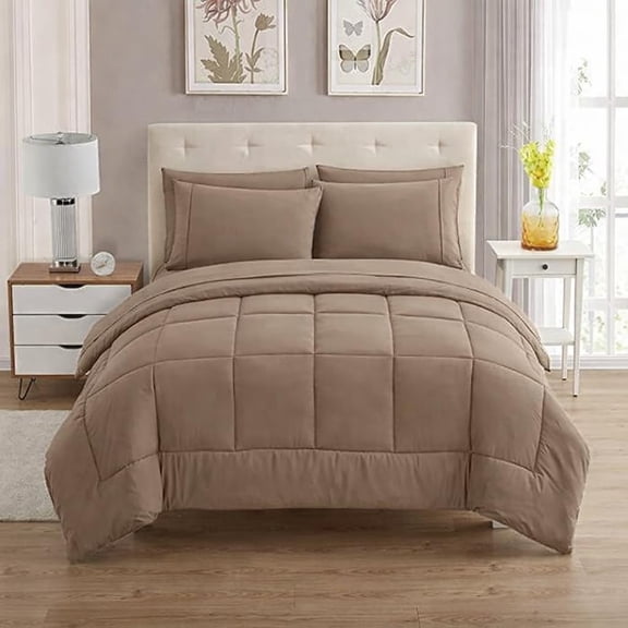 600 Thread Count Egyptian Cotton Comforter – Box-Stitched Design, 300 GSM Fill, Single Piece Bedding Comforter, Full Size 80" x 90" Inches, 1pc Comforter with 4 Corner Tabs, (Taupe)