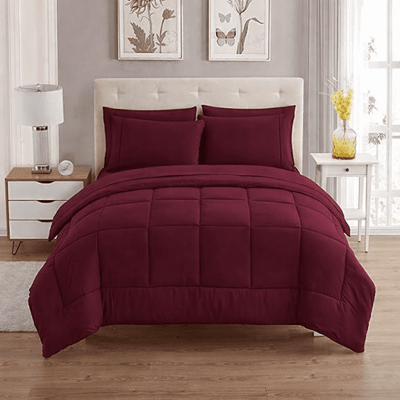 600 Thread Count Egyptian Cotton Comforter – Box-Stitched Design, 300 GSM Fill, Single Piece Bedding Comforter, Queen Size 90" x 90" Inches, 1pc Comforter with 4 Corner Tabs, (Burgundy)