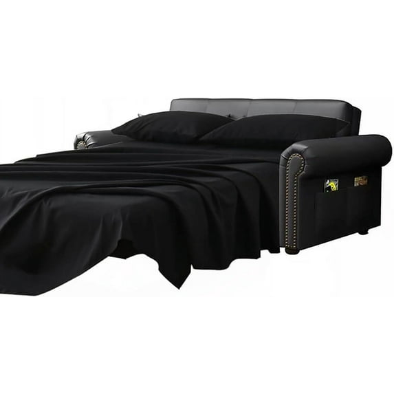 600 Thread Count Pima Cotton Sleeper Sofa 4-PCs Sheet Set Queen Sofa Size Black Solid, Fits (5 Inch Deep) Sofa Bed Sheets