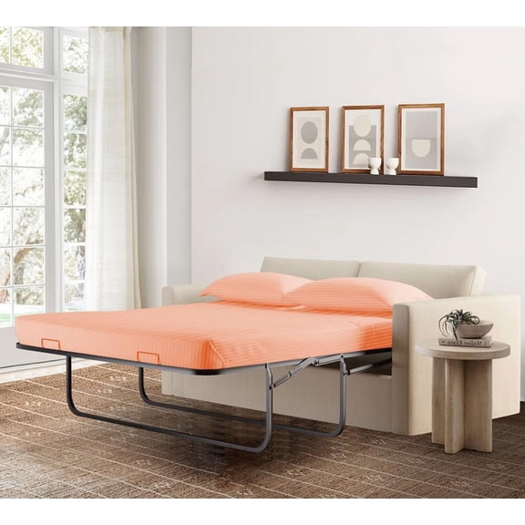 600 Thread Count Pima Cotton Sleeper Sofa 4-PCs Sheet Set Queen Sofa Size Peach Stripe, Fits (5 Inch Deep)