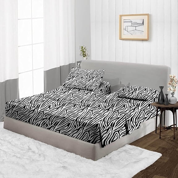 600-Thread-Count Egyptian Cotton Top Split Cal-King Sheet Set for Adjustable Bed, Half Split Head 4 PCs Set 15-Inch Deep-Pocket, 39" Split from Top - Zebra Print, Split-Head Cal-King - 39