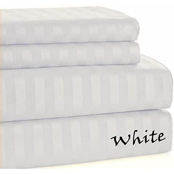 600 Thread Count - Full Size - Striped Colors { White } 100 % Cotton All Season Soft Sheet Set { 4PCS } Deep Pocket 24" Inches By KM LINEN