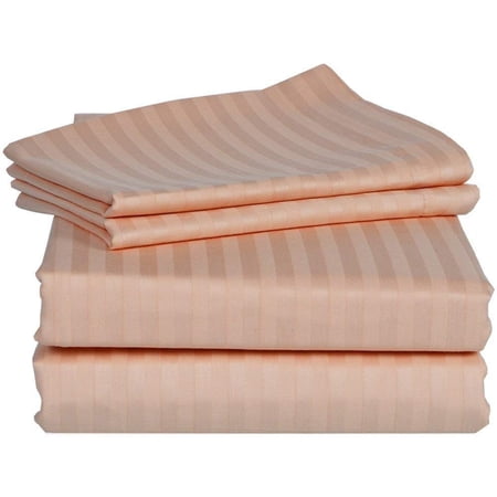 600-Thread-Count Heavy Rich Egyptian Cotton Wrinkle Free Hotel Luxury Bedding 4-PCs Sheet Set QUEEN Size Fits 9" Inches Deep Pocket ( Stripe, Peach )