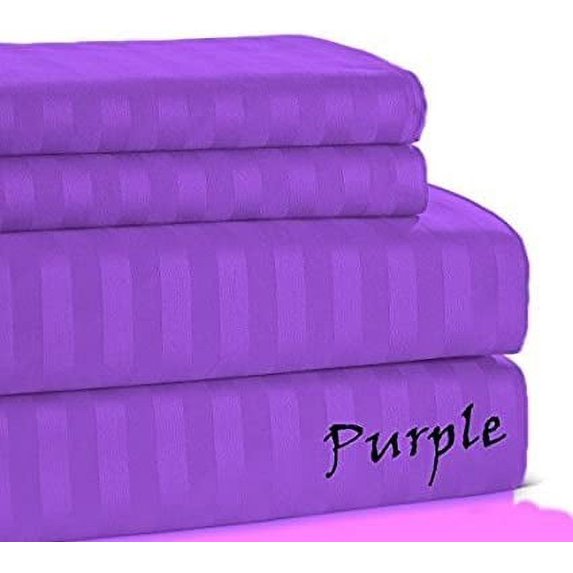 600 Thread Count Heavy Weight Fabric Sheet Set - - Queen Size - Striped COLORS Sheet Set - 4 Pieces - { Purple } Fit Deep Pocket 21" Inches By KM LINEN
