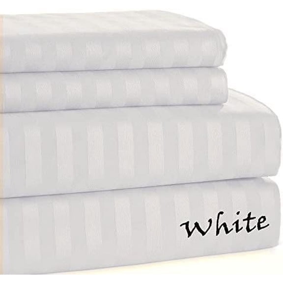600 Thread Count - Queen Size - Striped Colors { White } 100 % Cotton All Season Soft Sheet Set { 4PCS } Deep Pocket 24" Inches By KM LINEN
