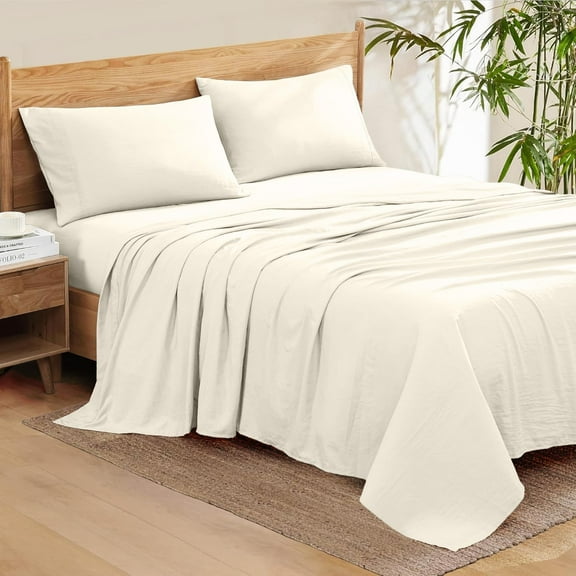 600-Thread-Count - Sateen Weave Night Sweats 100% Pima Cotton Sheet Set Fits 13-15 Inches Deep Pocket (Full Size Solid, Vanilla Bean )
