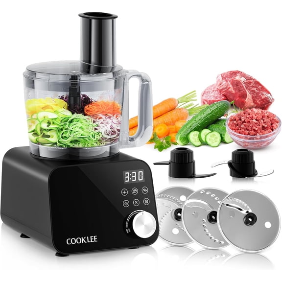 600 Watts 6 Functions Electric Vegetable Chopper for Chopping Mincing Dicing Shredding Slicing Purees & Dough with 12cup Processor Bowl Food Chute & Pusher Black