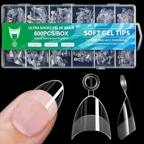 600 count Almond Tips, Half Cover Short Nails Tips Clear Nails 12Sizes Artificial False Tips for DIY Salon