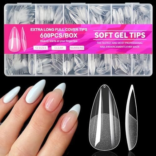 600 count Almond Tips Medium Nails - Soft Gel Tips Almond Shape Clear Nails Tips for Extensions, 12 Sizes Gel Nails Press ons Manicure Salon DIY