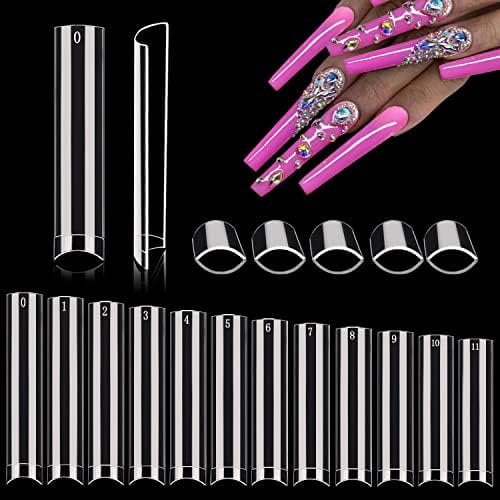 600 count No C  Square  Tips for  Nails Professional, XXXL Clear  Tips Straight Square Flat Tips, Extra Long  Nails Tips Half Cover  Nails for Salon and  DIY 12 Sizes