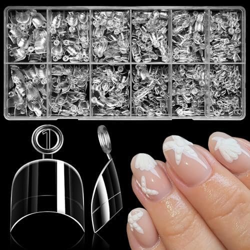 600 count Short Square  Tips, Half Cover Clear Soft Gel  Tips Square Round Shape, 12 Sizes Press  False Nails Tips for   Extension, Salon and  DIY