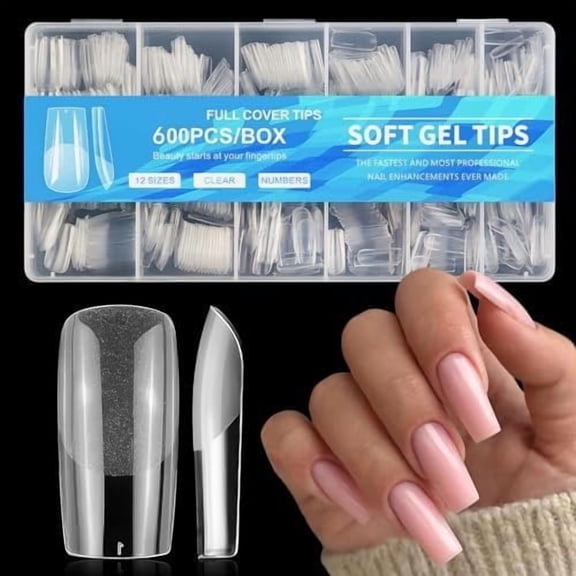600 count Square Tips, Medium Gel Tips Square Clear Nails Full Cover Nails Tips for Extensions Manicure Salon DIY
