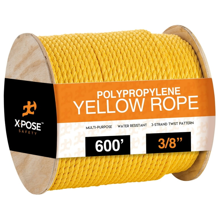 600 ft Twisted Polypropylene Rope - 3/8 - Yellow Floating Poly Pro Cord -  Resistant to Oil, Moisture, Rot, Mold, Marine Growth and Chemicals -  Reduced Slip, Easy Knot, Flexible - by Xpose Safety 
