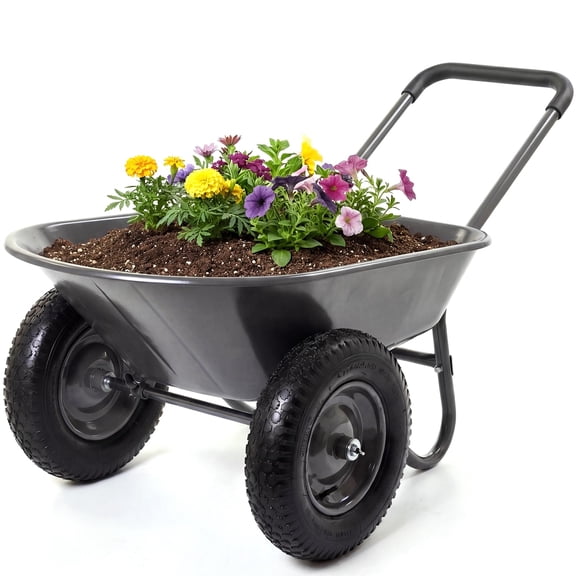 600 lb Heavy-Duty Poly Dump Garden Cart Wheelbarrow - Quick-Release Dump Bed - Steel Frame - Built-In Stand - 14 in All-Terrain Dual Wheels - Gray, Double Wheels