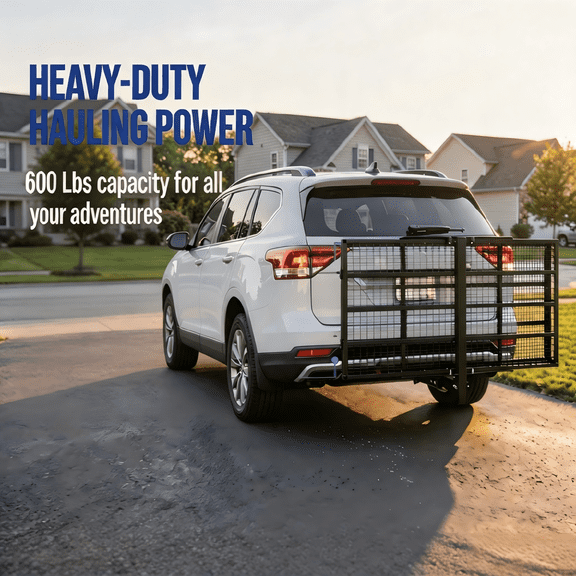 600 lbs Fold-Down Trailer Frame,Heavy Duty Hitch Mount Cargo Carrier with Folding Ramp,Alloy Steel Cargo Rack for Truck SUV Camping Gear
