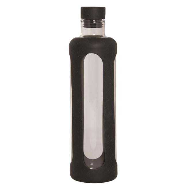 600 ml 20 oz Glass Water Bottle with Silicone Sleeve - Clear Glass bottle - Black Silicone Wrap / Cap