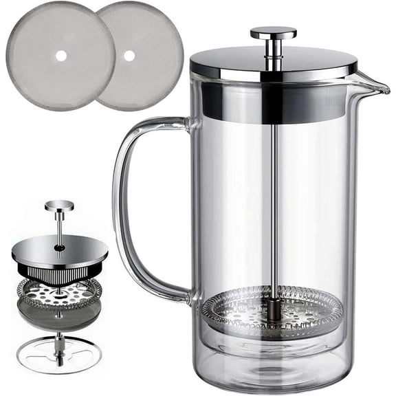 600 ml French Press Coffee Maker, Cold Brew Maker Extracting Pure Coffee Easily, Coffee Press for Cafes/Home/Office/Outdoor Camping Use,Double-layer Glass Insulation,2 Extra Filters