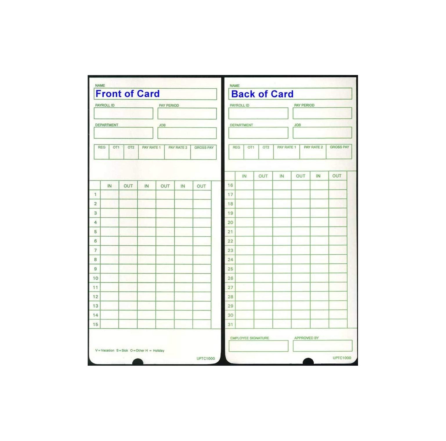 600 uPTC10001 Compatible Time Cards for NonCalculating uPunch HN3000