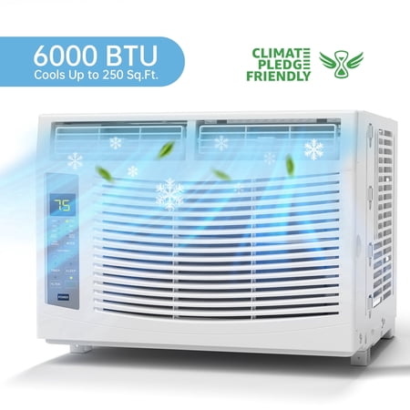 6000 BTU Window Air Conditioner, Cools Rooms Up to 250 Sq. Ft., Energy Saving Window AC Unit with Remote Control, LED Display, Sleep Mode, 3 Cooling Speeds, Washable Filter, Easy Installation Kit Inc