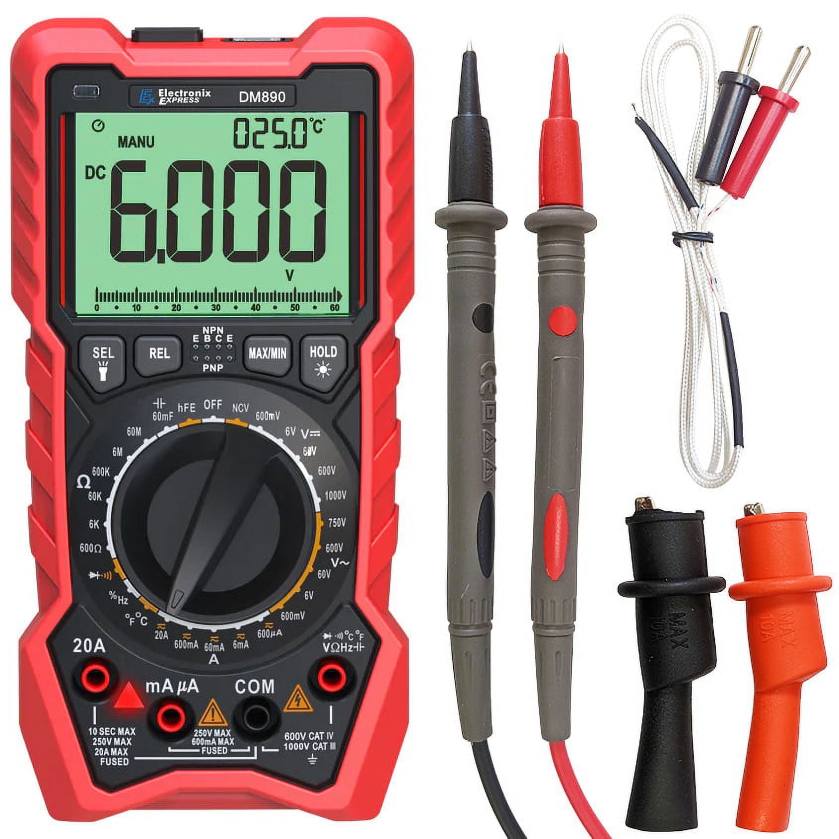 6000 Counts Manual & Auto Ranging True-RMS Digital Multimeter Backlit Display, DC 600mV – 1000V, AC 600mV – 750V, 20A Max Current, Resistance, Capacitance, Frequency, Temp, NCV