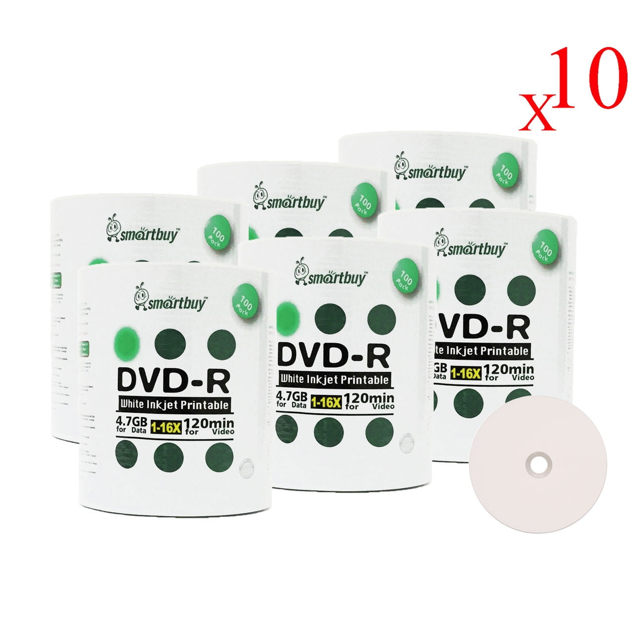 6000 Pack Smartbuy 16X DVD-R 4.7GB 120Min White Inkjet Hub Printable Data Blank Media Recordable Disc