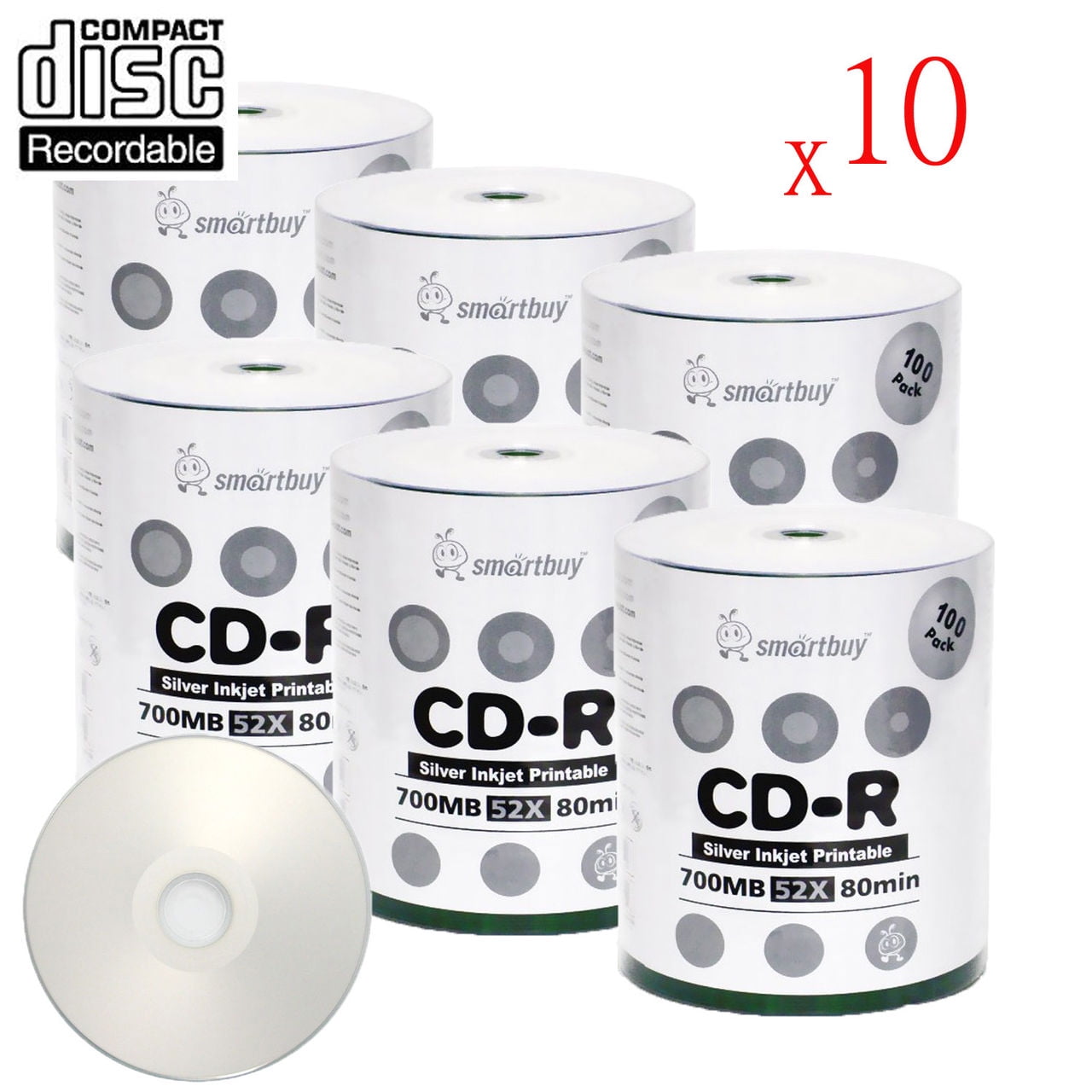 6000 Pack Smartbuy 52X CD-R 700MB 80Min Silver Inkjet Hub Printable Data Blank Media Recordable Disc