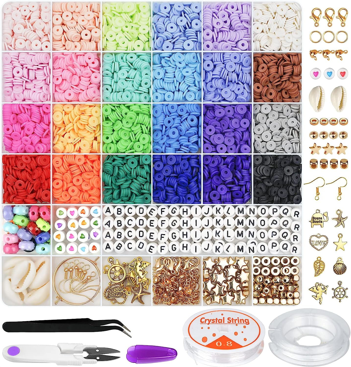 QUEFE 5000pcs Clay Heishi Beads for Bracelet Jewelry Making, Polymer Flat Round Clay Beads Kit with 240pcs Letter Beads, Pendant Charms and Elastic