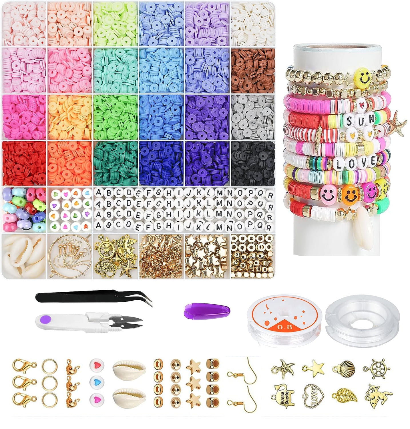 6000 Pcs Clay Beads Kit for Jewelry Making Kit, Heishi Beads for Girls, Polymer Clay Beads for Jewelry Making Kit, Flat Beads Preppy Bracelets Kit with Letter Beads for Girls 8-12, Preppy, Gift Pack