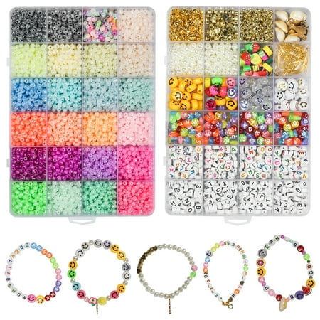 Meafeng 6000+Pcs Beads for Jewelry Making, Glass Seed Beads Alphabet Smiley Face Beads Bracelet Making Kit for Kids and Adults DIY Crafts