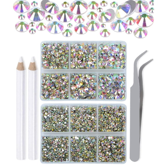6000 Pieces Clear AB Non Hotfix Rhinestones 6 Sizes Round Crystal Glass Flat Back Rhinestones with Tweezers and Picking Pen for Nail Art Crafts Clothes Bags DIY