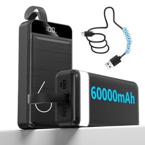 60000Mah Portable Charger Featuring 22.5W Rapid Charging, LED Screen, Six Ports, Built-In USB C Cable, And Flashlight; Compatible with PD, QC, And SCP for Iphone, Samsung, And Huawei