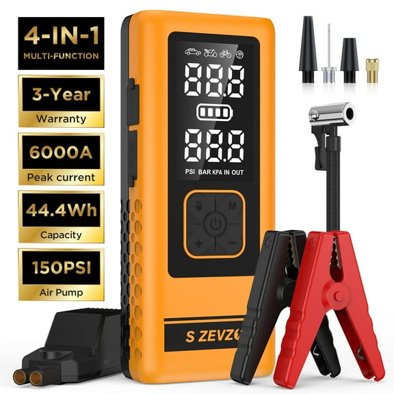 6000A 150PSI Car Battery Charger Jump Starter ,with Air Compressor,12V Jump Box Car Battery Jumper Starter Portable with Jumper Cables, LCD Display, Lights,Yellow