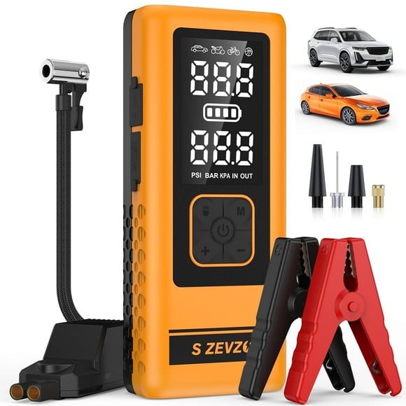 6000A 150PSI Car Battery Charger Jump Starter ,with Air Compressor,12V Jump Box Car Battery Jumper Starter Portable with Jumper Cables, LCD Display, Lights,Yellow