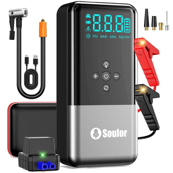 6000A Jump Starter with Air Compressor,Battery Jump Starter 12V Jump Box with 160 PSI Tire Inflator LED Light and Jumper Cables (10L Diesel All Cars)