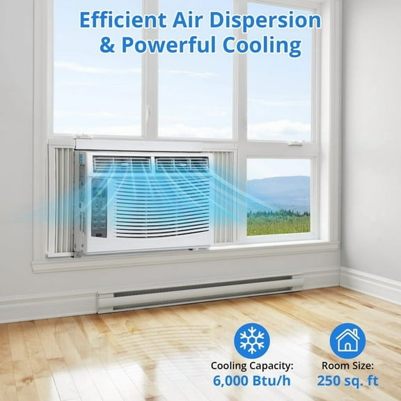 Window Air Conditioner, 6000BTU Air Conditioner for 250 Sq. Ft, Dehumidifying & Fan, Quiet Operation and Easy Installation, Remote Control for Home & Office, without WIFI