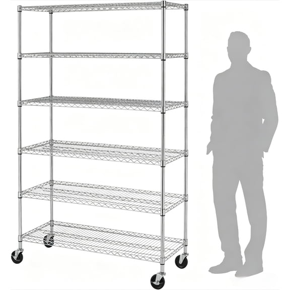 6000LBS Heavy Duty Wire Shelving Unit with Wheels, 6-Tier Adjustable Metal Storage Shelves, Rolling Utility Cart Steel Rack for Garage Pantry Kitchen, Chrome, 48"L x 18"W x 76"H