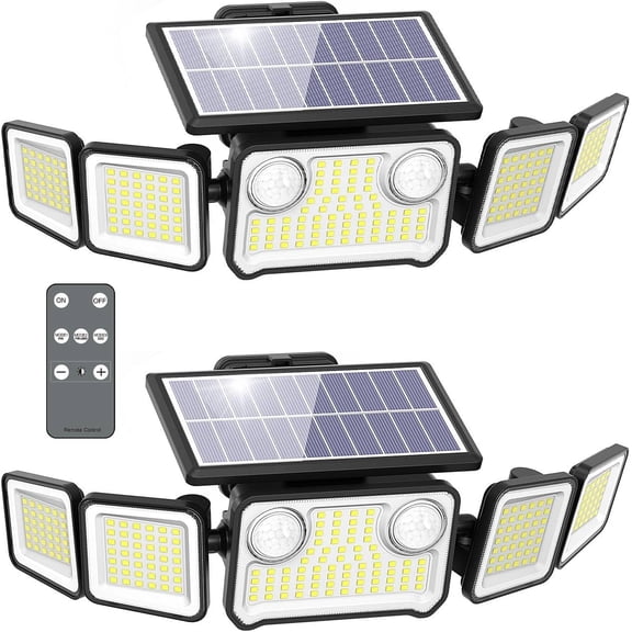 6000LM Solar Lights Outdoor, 5 Heads Remote Control Solar Security Lights, IP65 Waterproof Motion Sensor Lights Flood Lights for Wall, Porch, Yard, 2 Pack