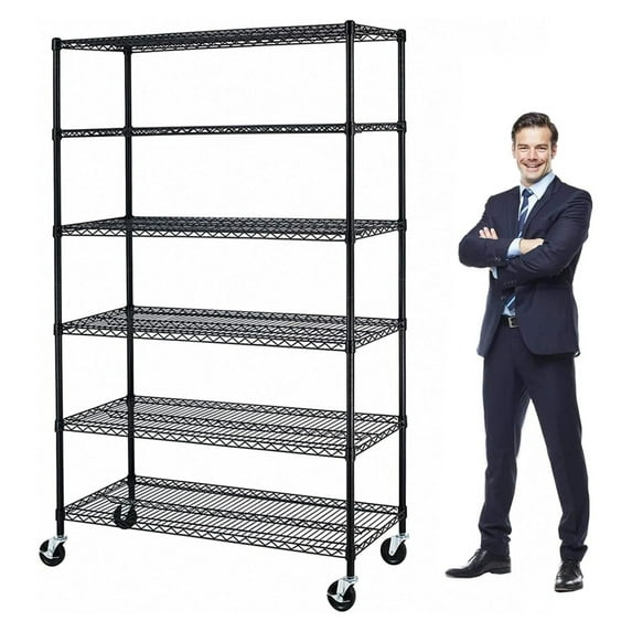 6000Lbs Capacity Heavy Duty Storage Shelves Wire Shelving Unit and Storage Adjustable NSF 6 Tier Metal Rack Shelf on Wheels for Garage Basement, 76 H x L x 18 D - Black
